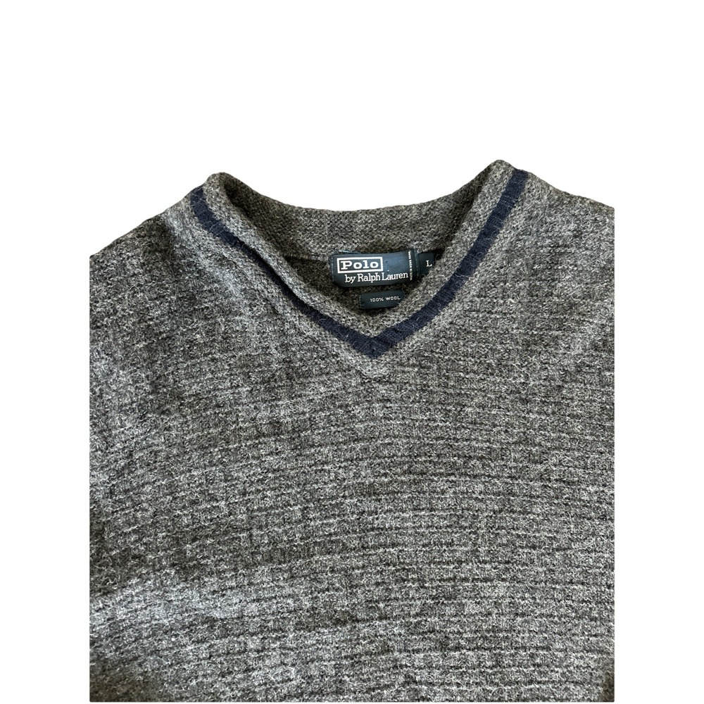Vintage Polo Ralph Lauren Men's Large 100% Wool Navy Gray Blue V-Neck Sweater